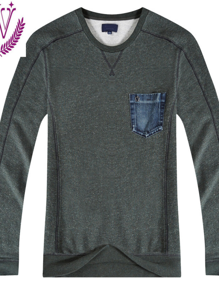 每購(gòu)EASCO 2015年新款秋冬新款專(zhuān)柜產(chǎn)品 牛仔t恤 圓領(lǐng)薄款花紗男士長(zhǎng)袖T恤 深藍(lán)色 L